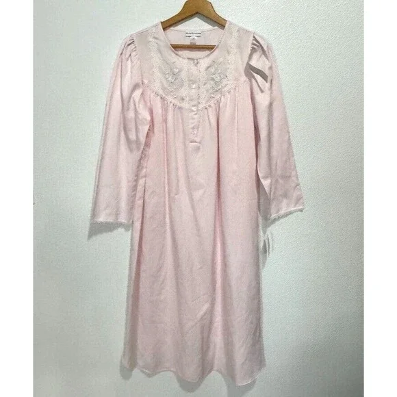 Miss Elaine Brushed Back/Satin Nightgown/LongSleeve/ Blush Pink w/Embroidery NWT - Picture 3 of 16